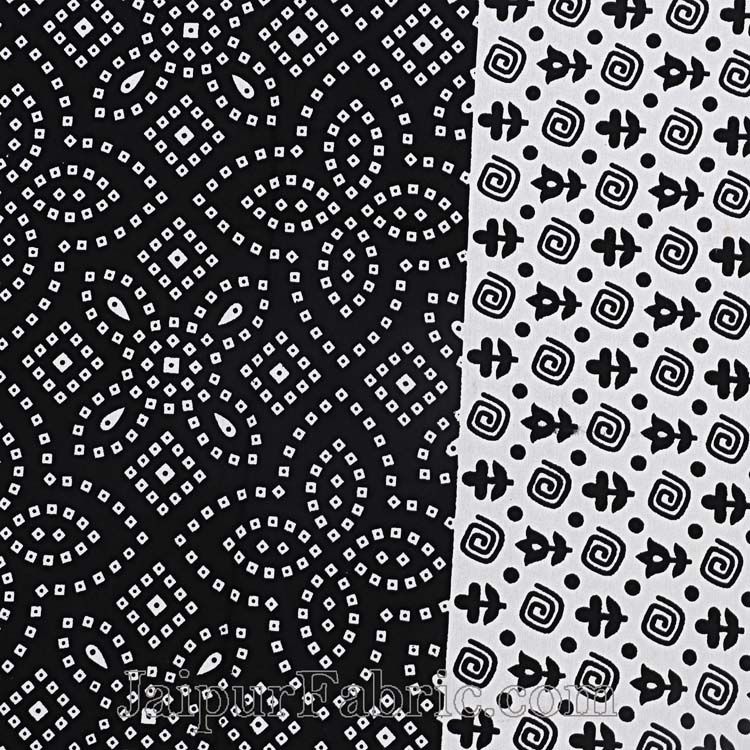 Black  Border White Base Bandhej Pattern Screen Print Cotton Double Bed Sheet