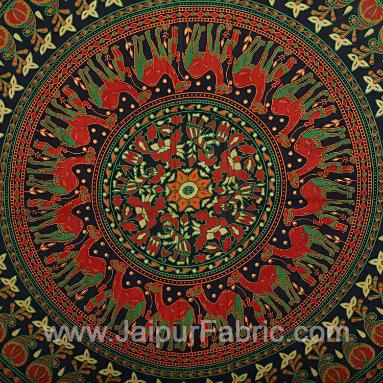 Forest Green Mandala Bedsheet Tapestry Floral Print With 2 Pillow Covers