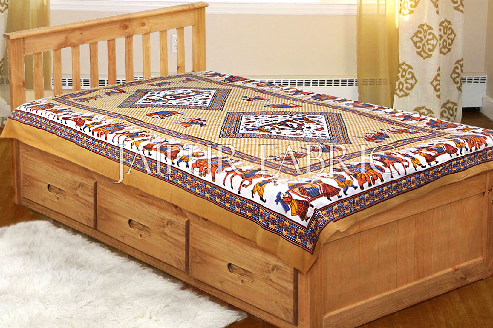 Brown Base Jaipur doli design with elephant Print Single Bedsheet