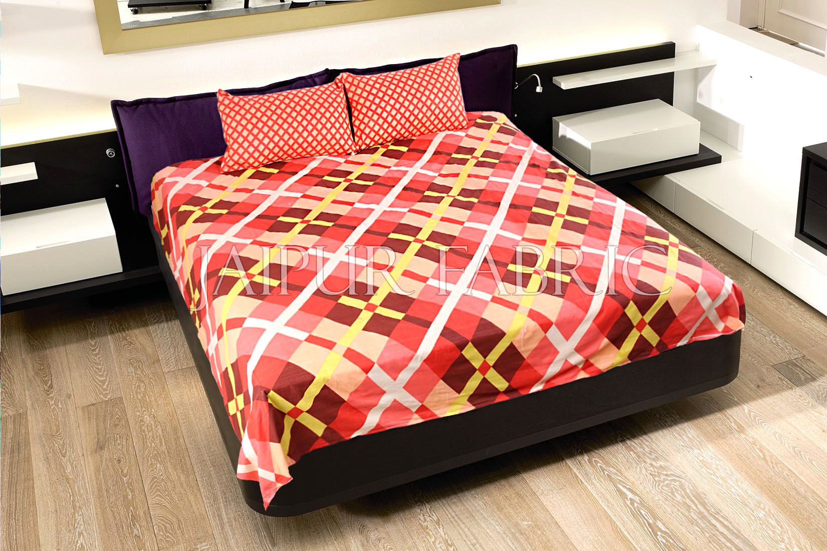 Peach Color Orange Square Print Double Bed Sheet