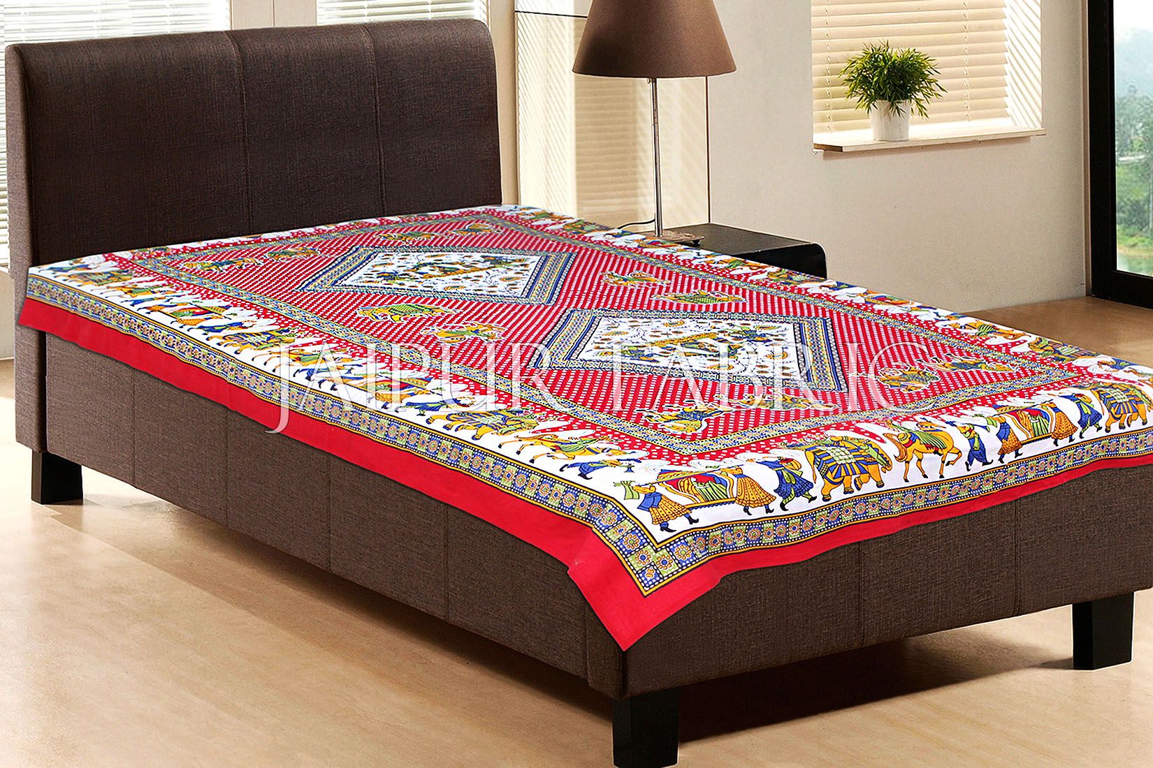 Red Base Jaipur doli design with elephant Print Single Bedsheet