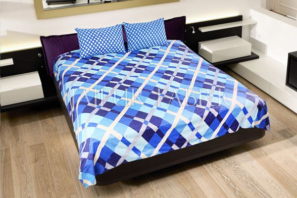 Bice Color Blue Square Print Double Bed Sheet