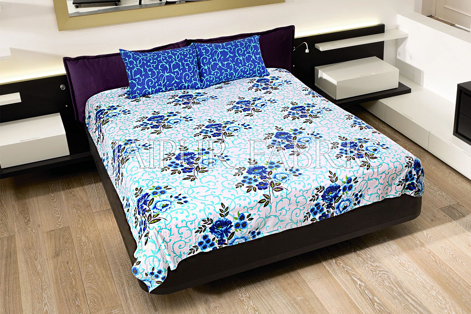 Blue Leaf Print Cotton Double Bed Sheet