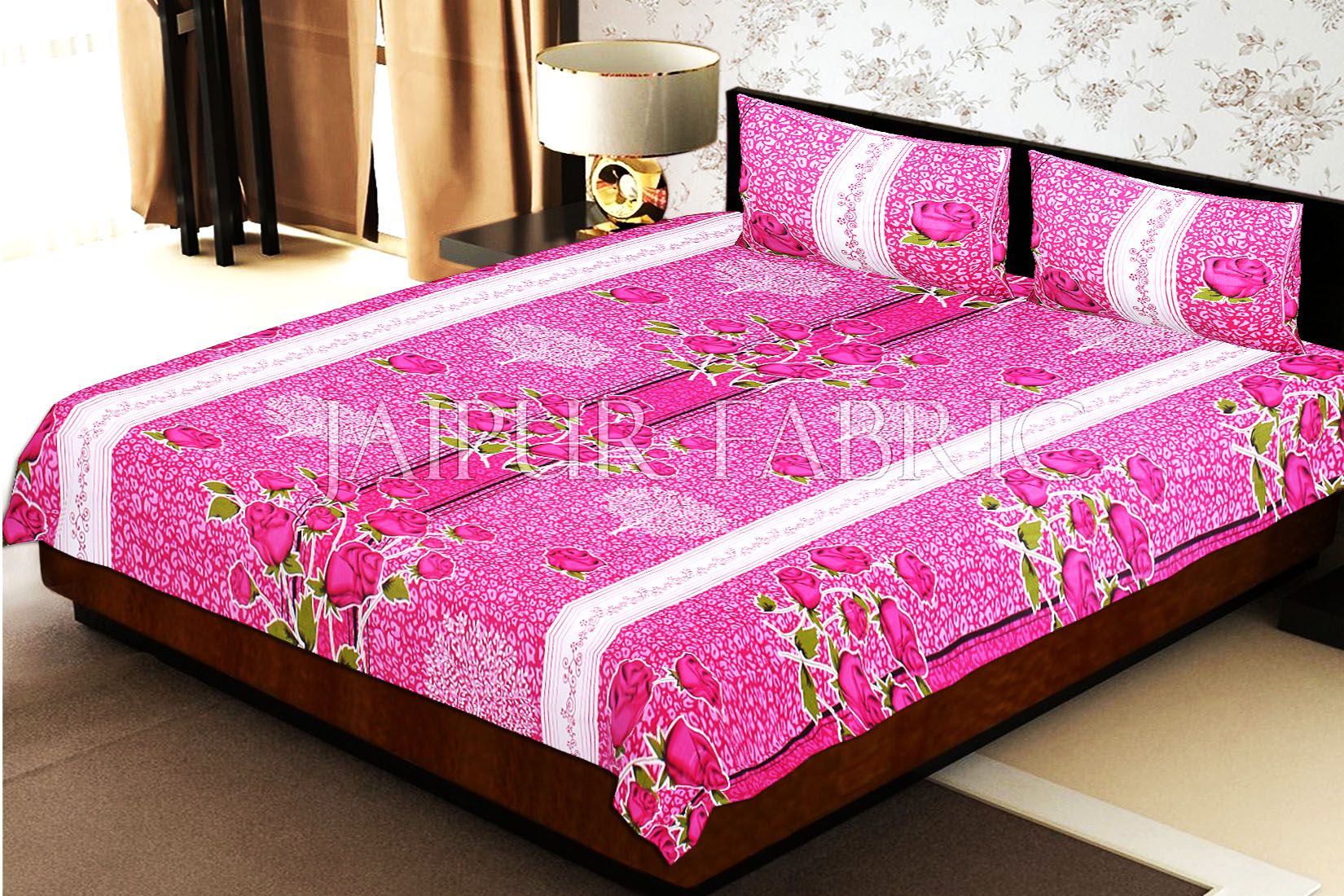 Pink Base Flower Print White Border Double Bed Sheet