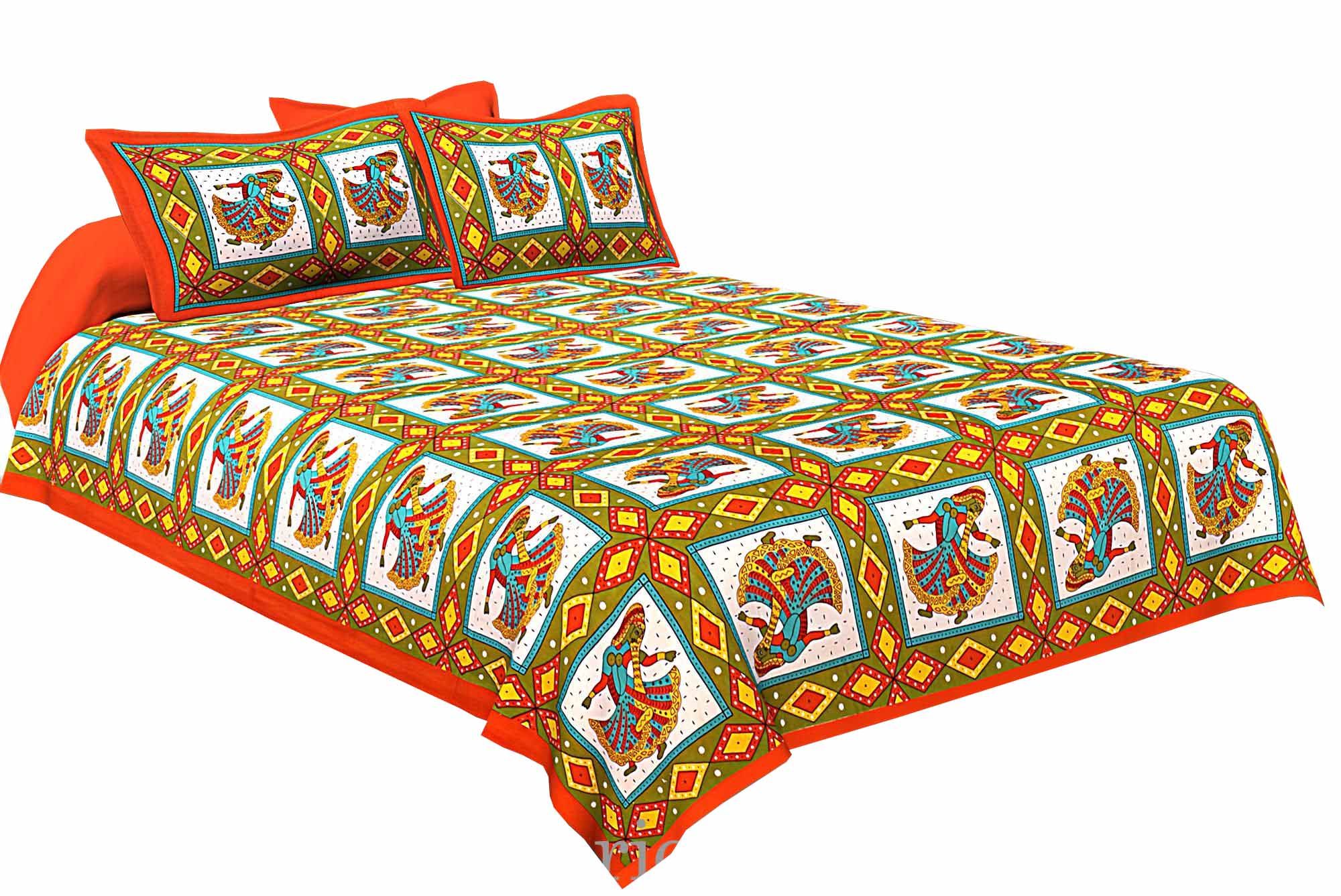 Orange Jaipuri Ghoomar Dance Print Cotton Double Bed Sheet