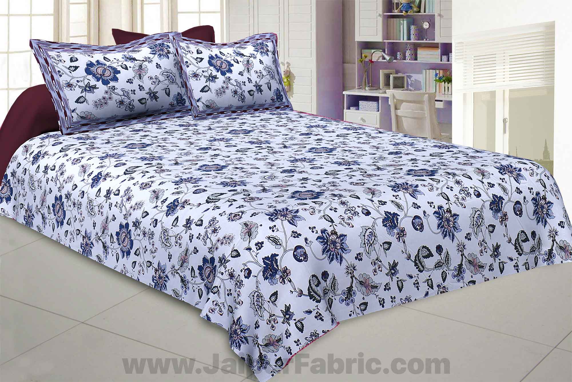 Pure Cotton 240 TC Double bedsheet in blueish floral pattern