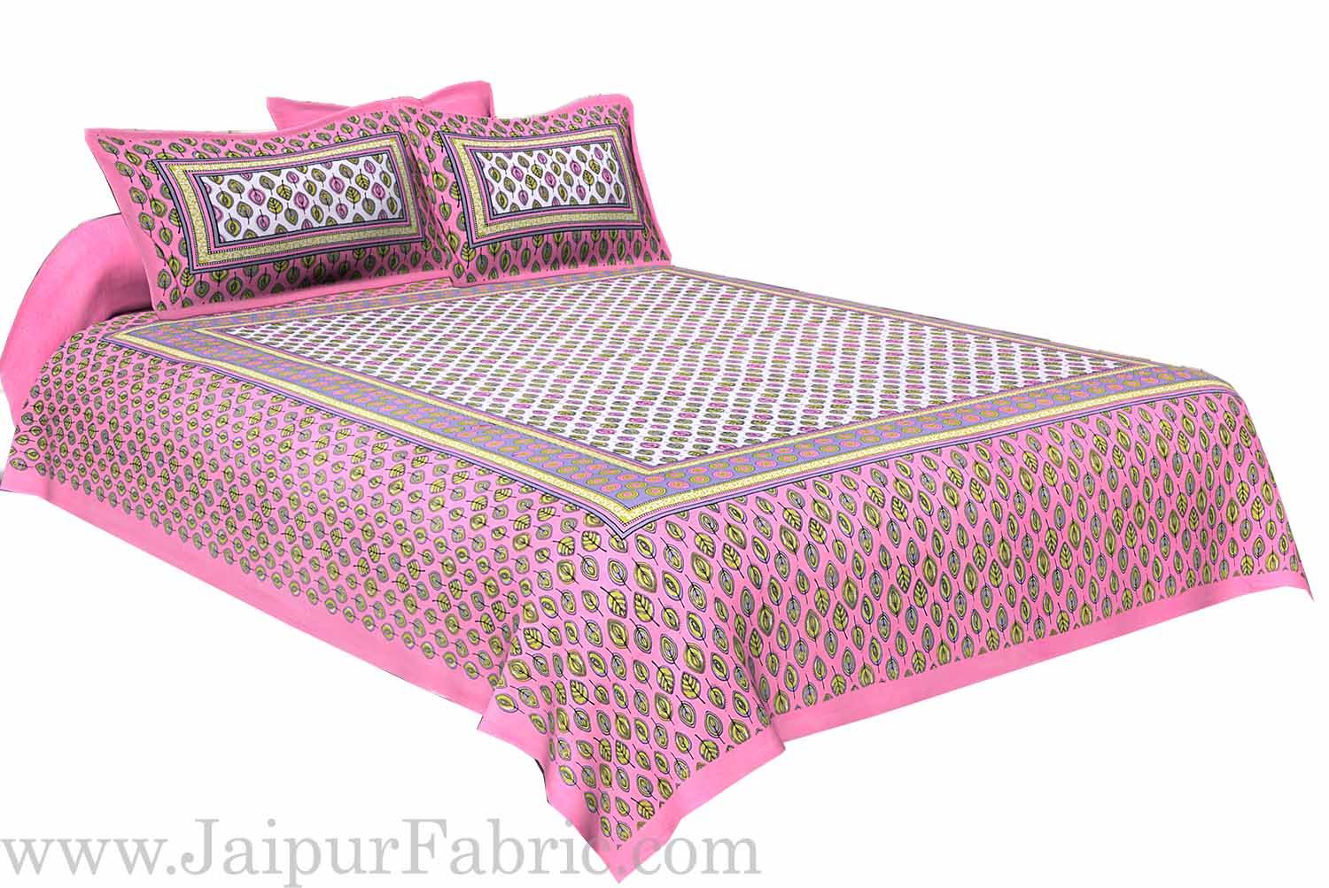 Pink Border Leaf Pattern Screen Print Cotton Double Bed Sheet