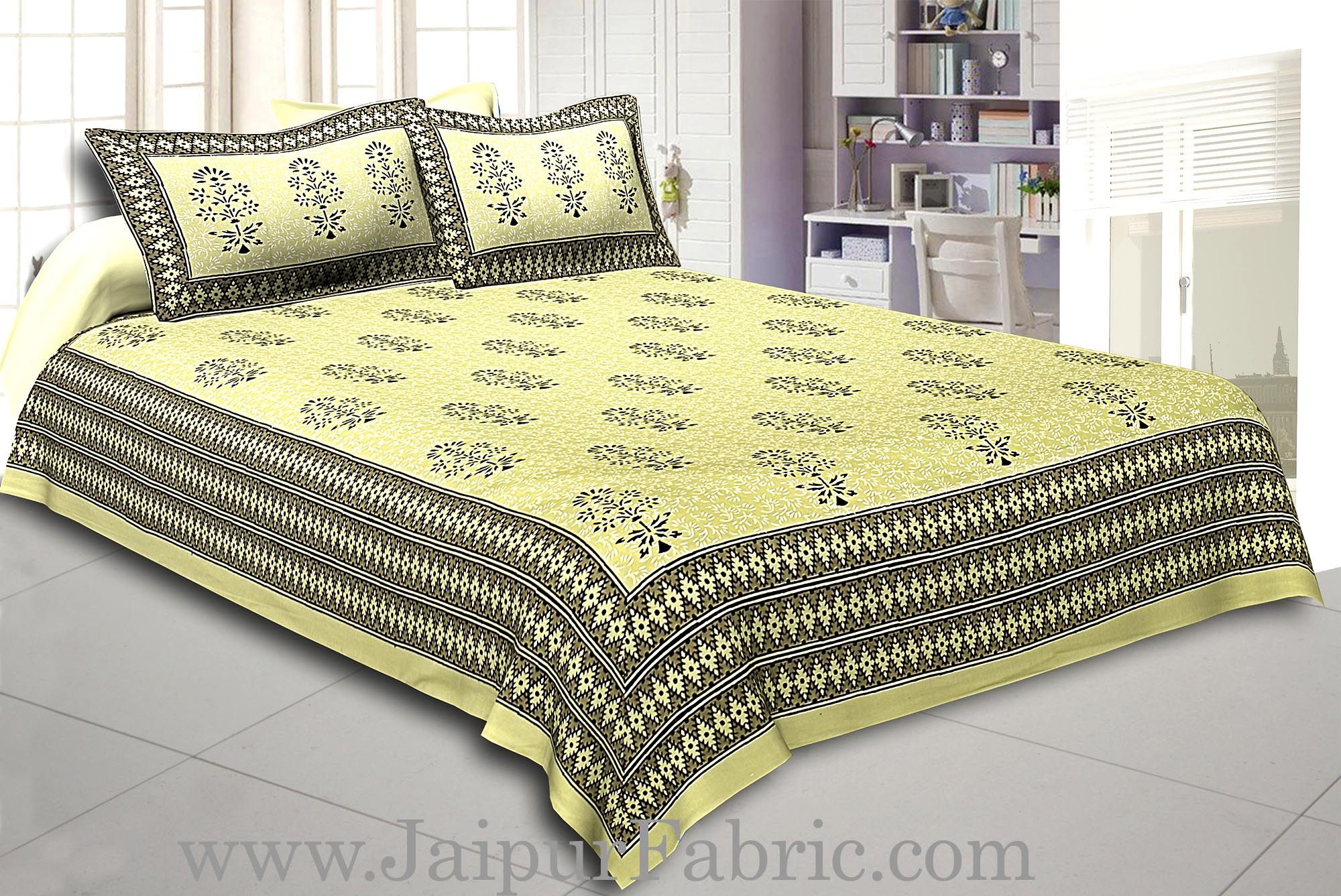 Light Green Base  Black Leaf  Pattern Hand Block Super Fine Cotton Double Bedsheet