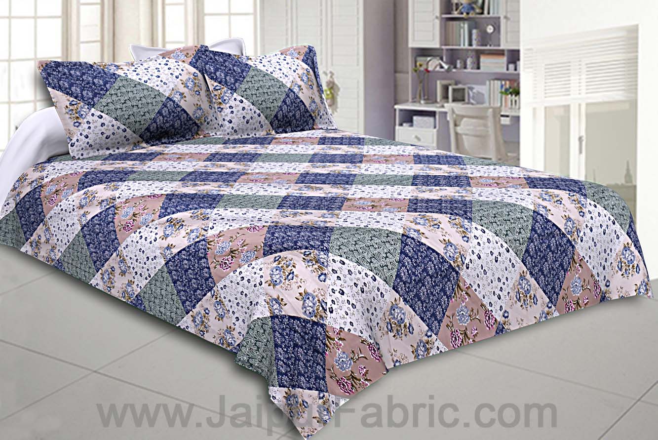 Twill Geometric Double Bedsheet Blue White Multi Floral