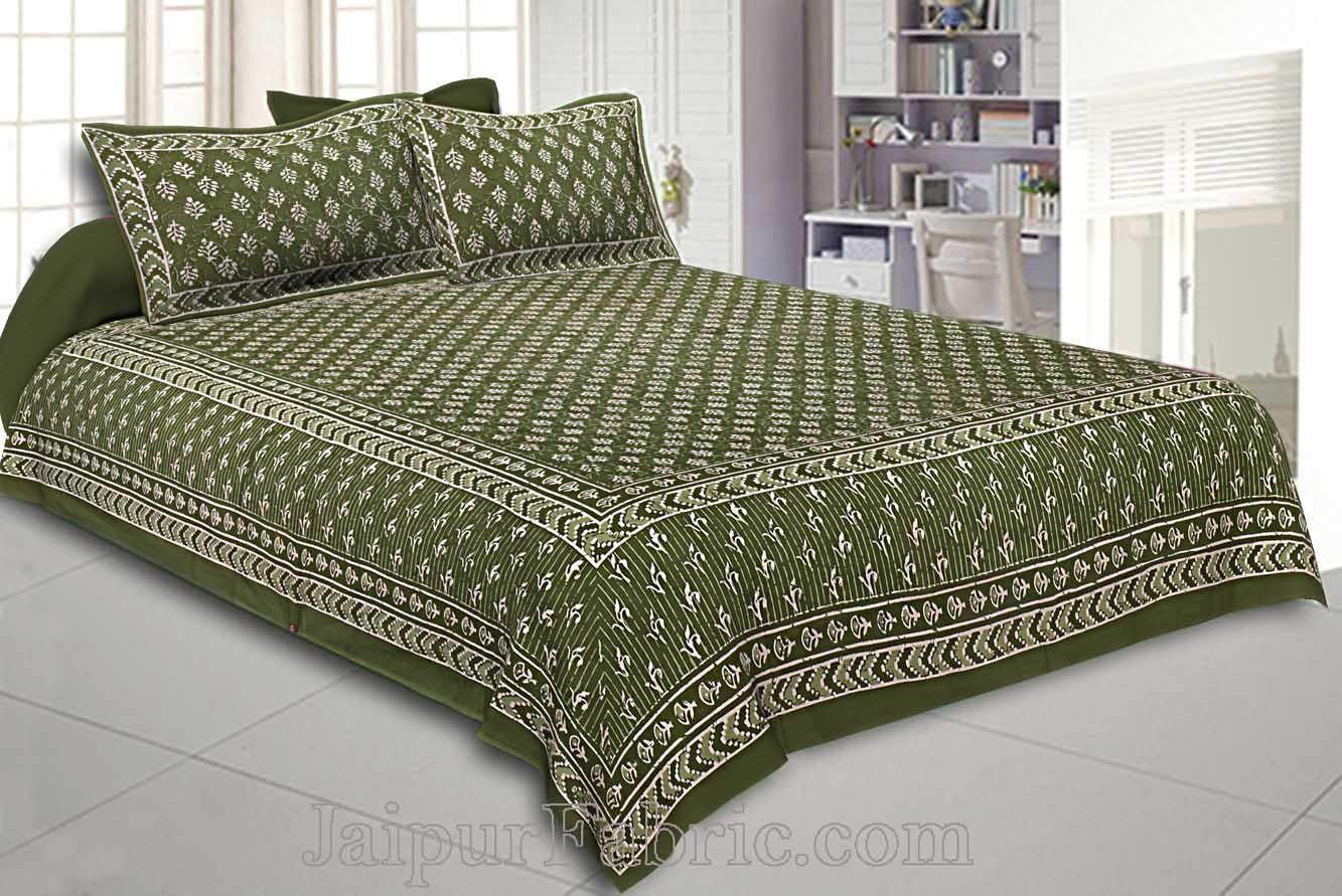 Double Bedsheet Dabu Indigo Dye Olive Green Hand Block Leaf Print