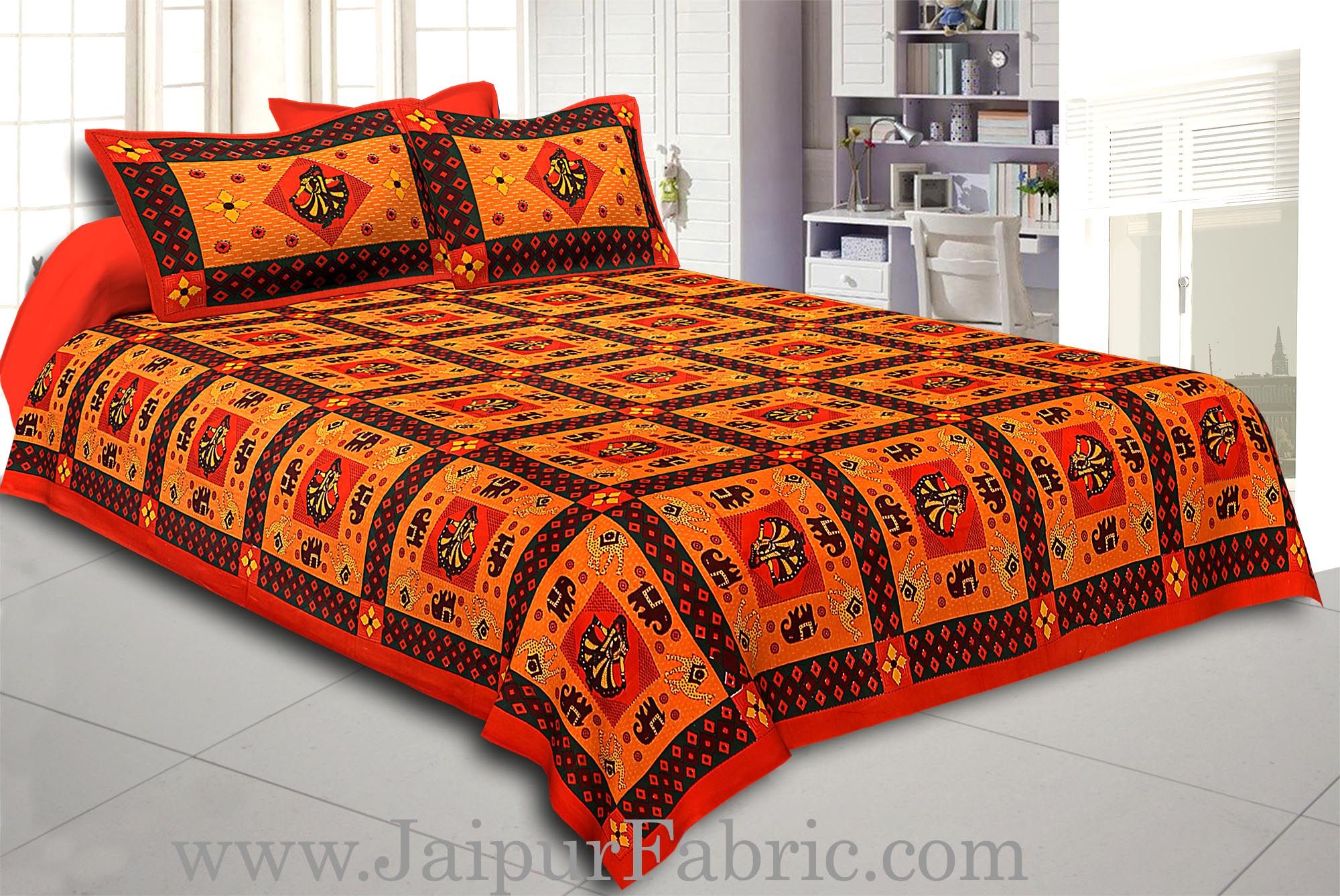 Orange Border Orange Base Gujri Dance In Square Patton Cotton Double Bed Sheet