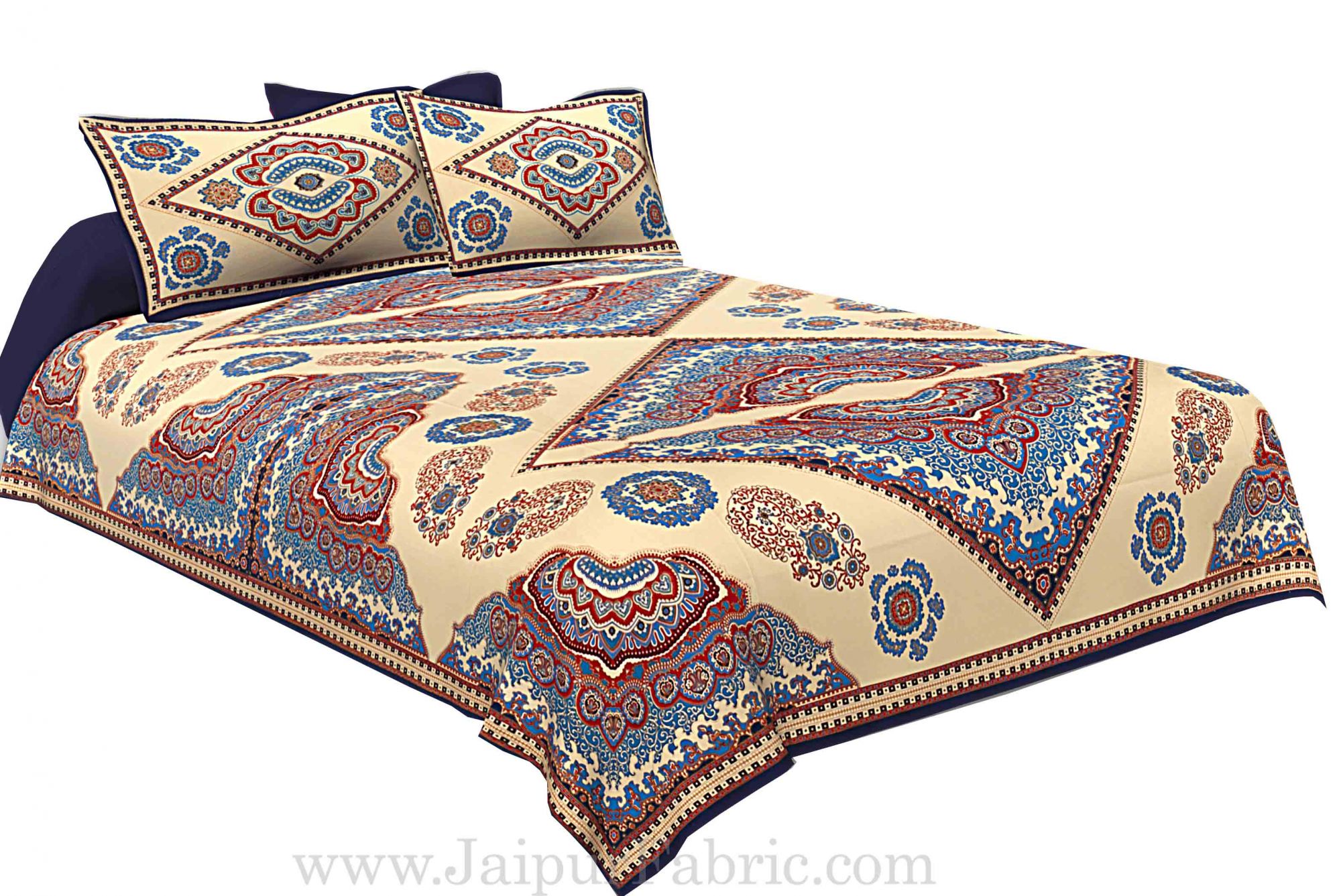 Blue Border Multi Big Boota Golden Boota Fine Cotton Double Bedsheet With Two Pillow