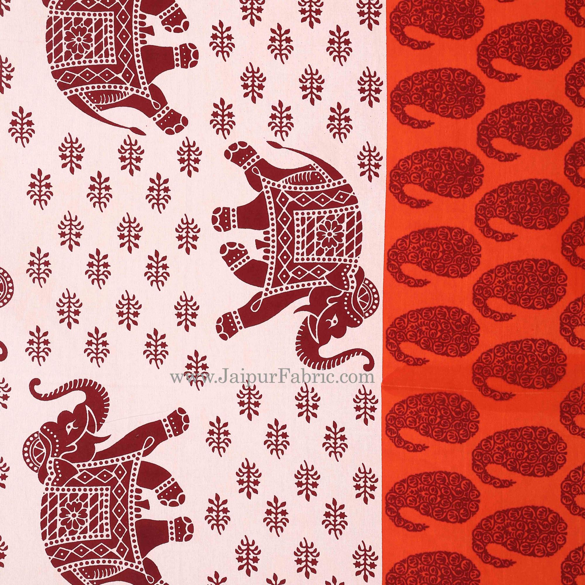 Orange Border With Maroon Base Elephant  Pattern Cotton Double Bed Sheet