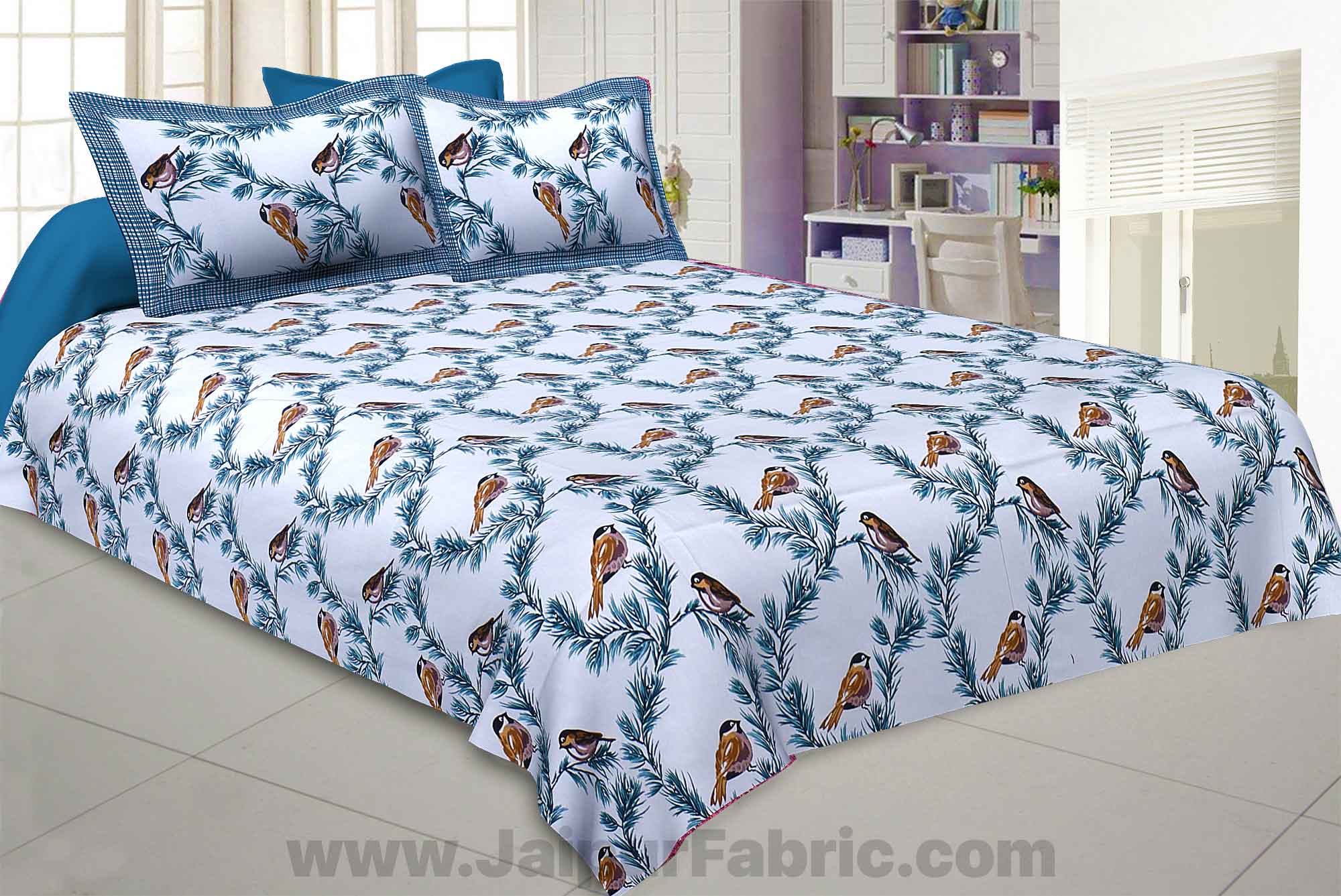 Pure Cotton 240 TC Double bedsheet indian bird print blue