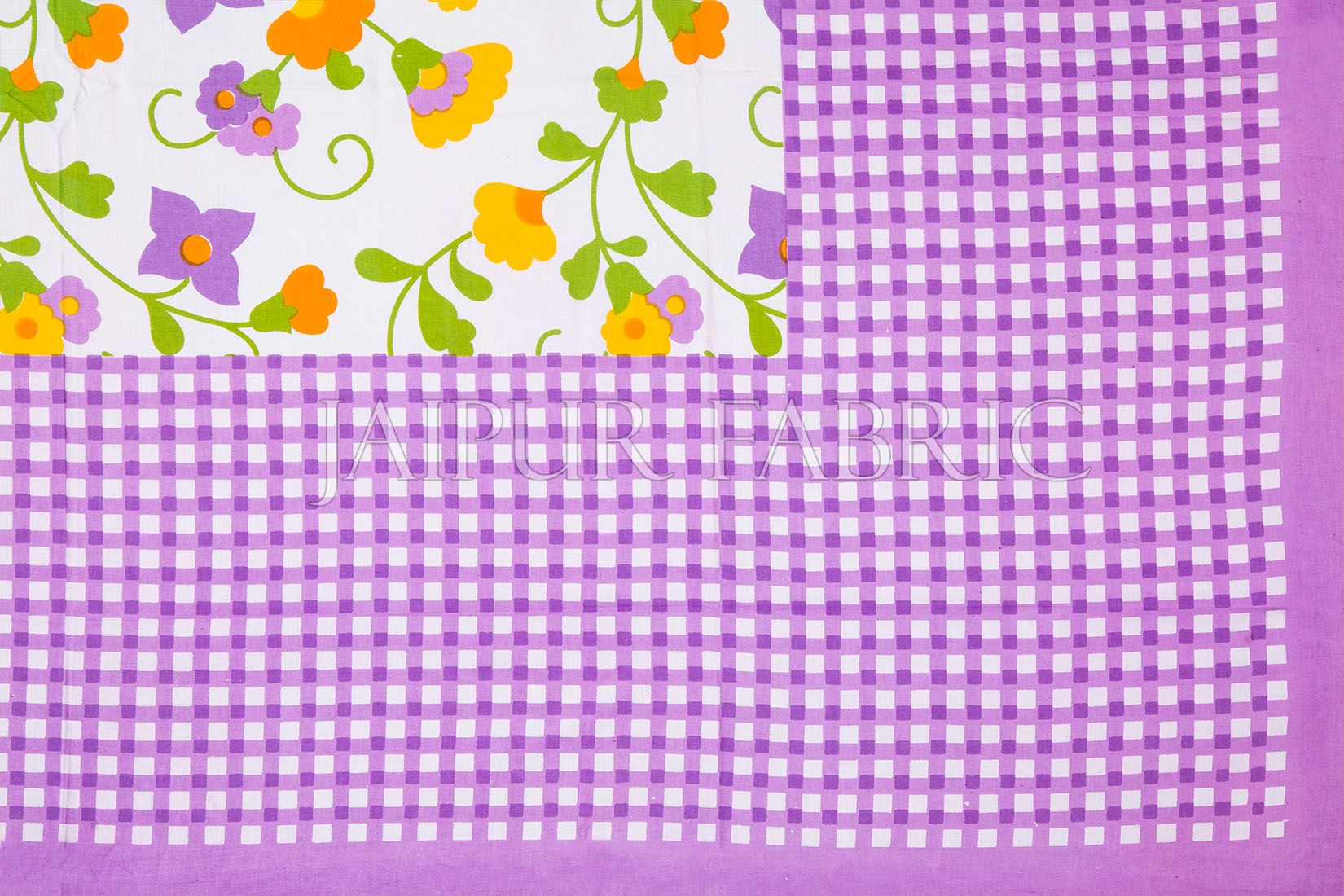 Purple Checks White Base Floral Print Single Cotton Bed sheet