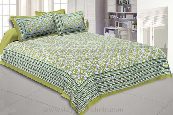 Double Bedsheet Green Border Round Circle Cotton With 2 Pillow Covers