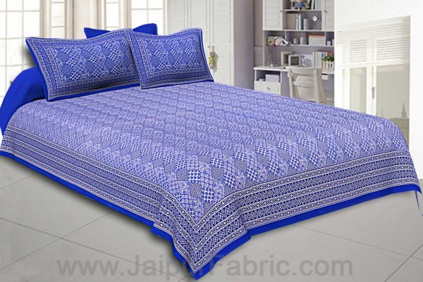 Double Bedsheet Big Bell  Print Blue Border Fine Cotton