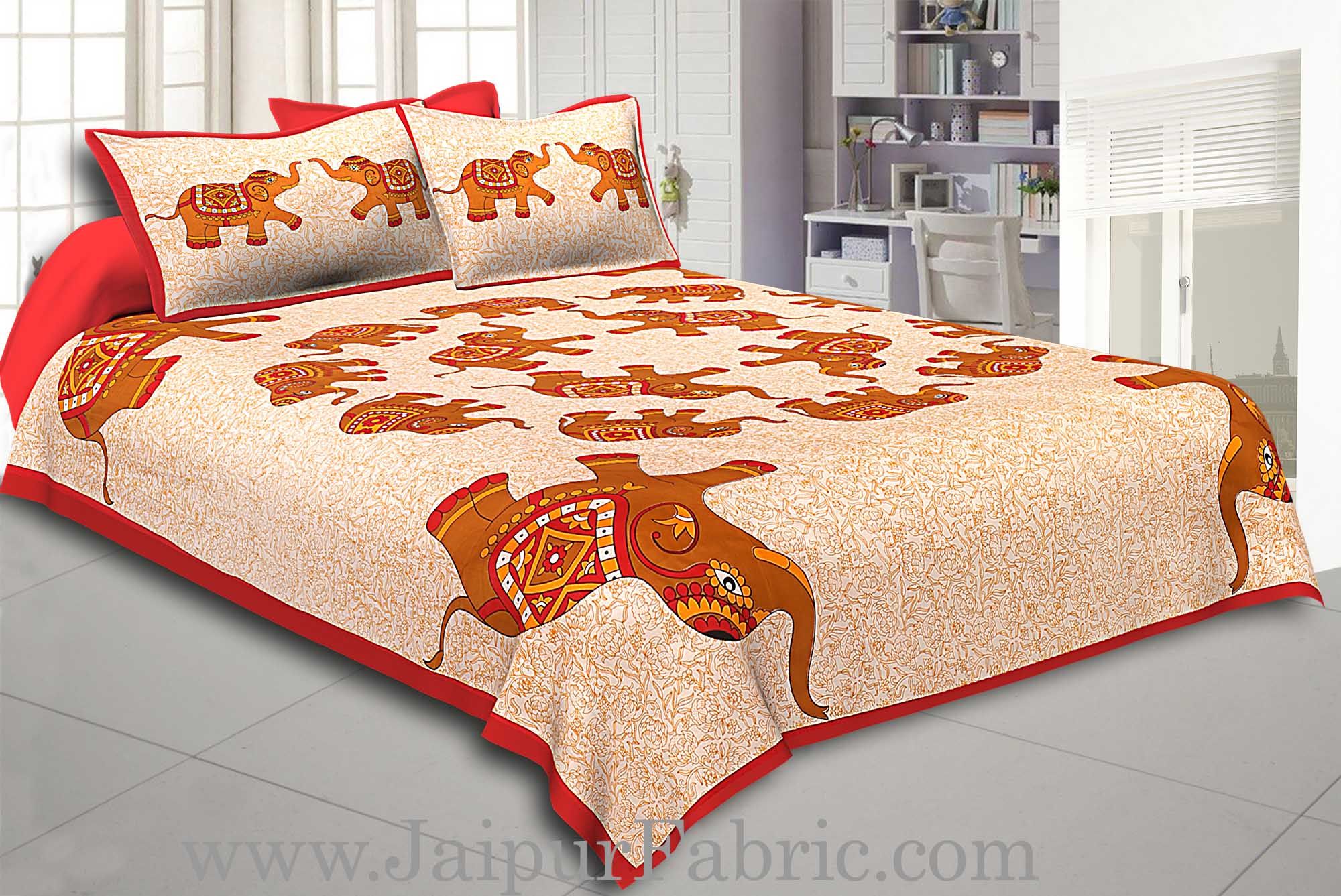 Maroon Border Elephant in Round Shape Cotton Double Bedsheet