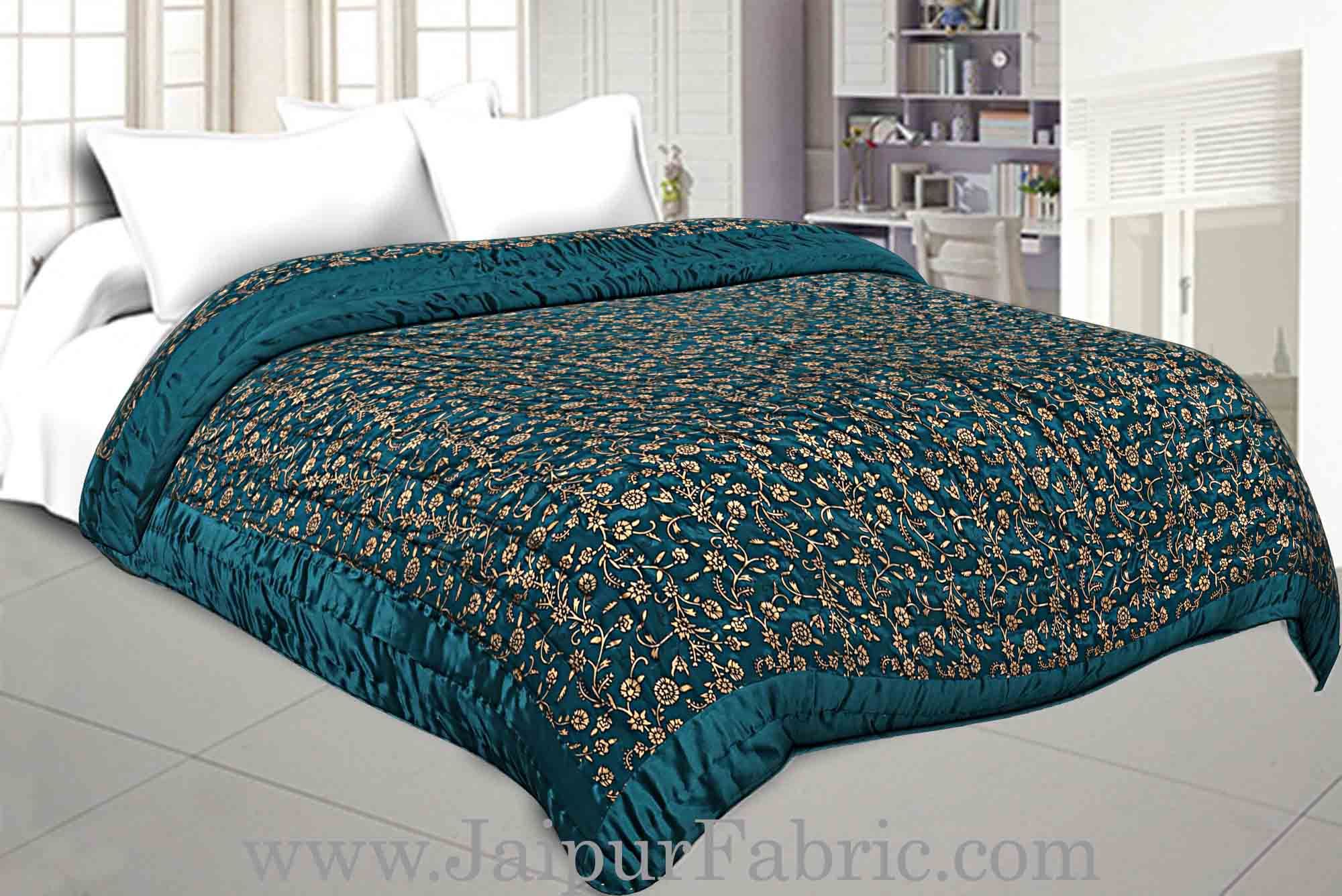 Jaipuri Double Quilt/Razai  Dark Green Golden Print