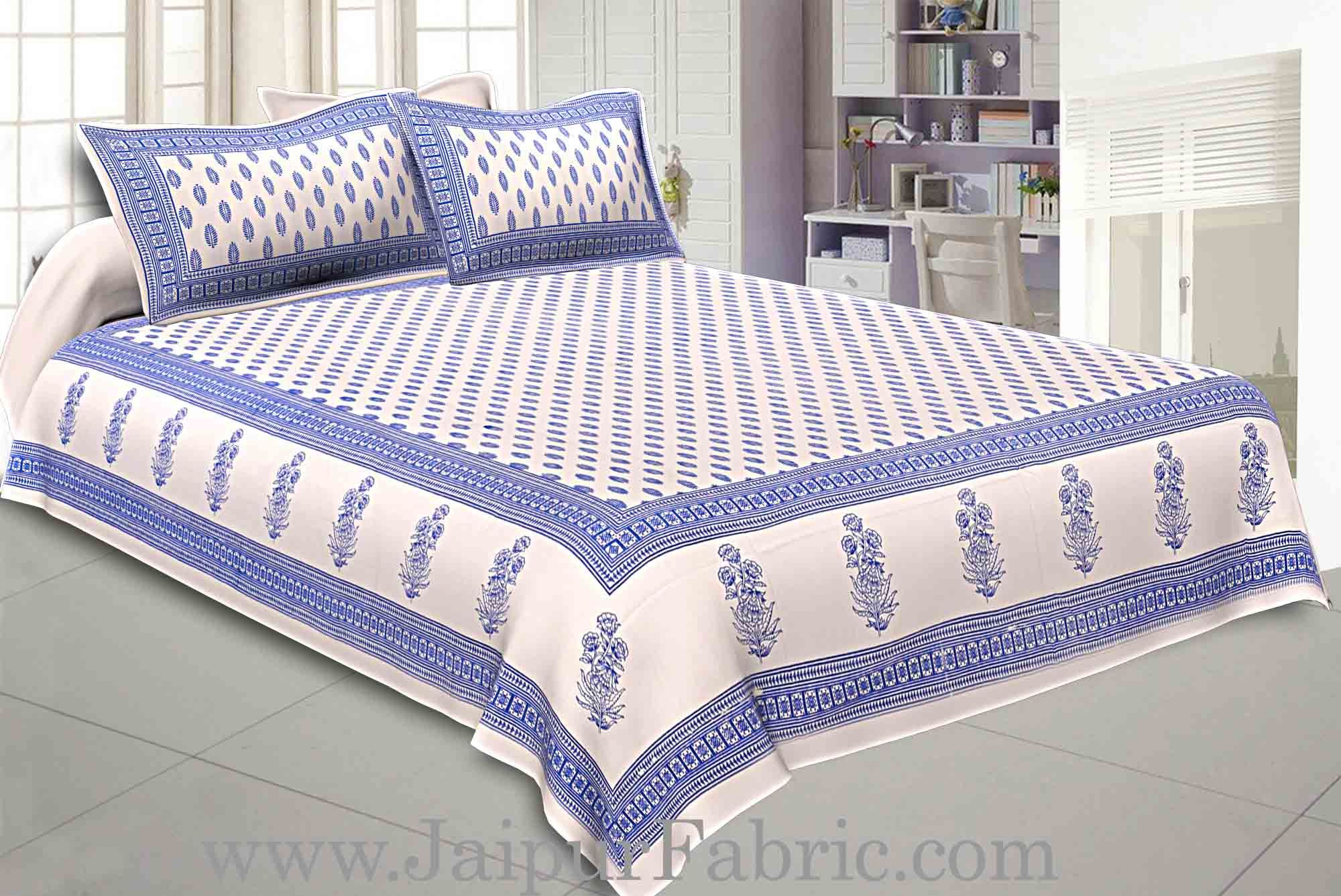 Double Bedsheet Blue Border White Base Small Leaf Print  With Two Pillow Cover