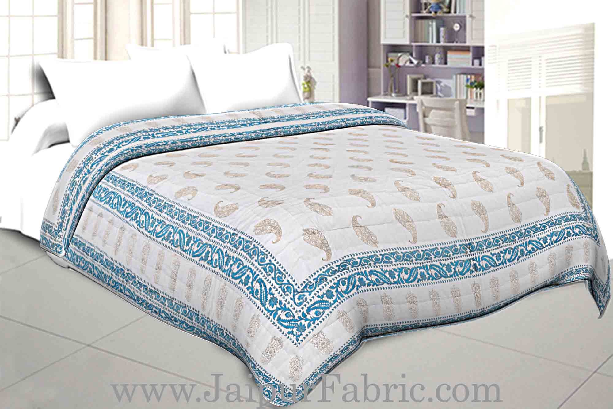 Jaipuri Printed Double Bed Razai Golden  Blue White base with Paisley pattern