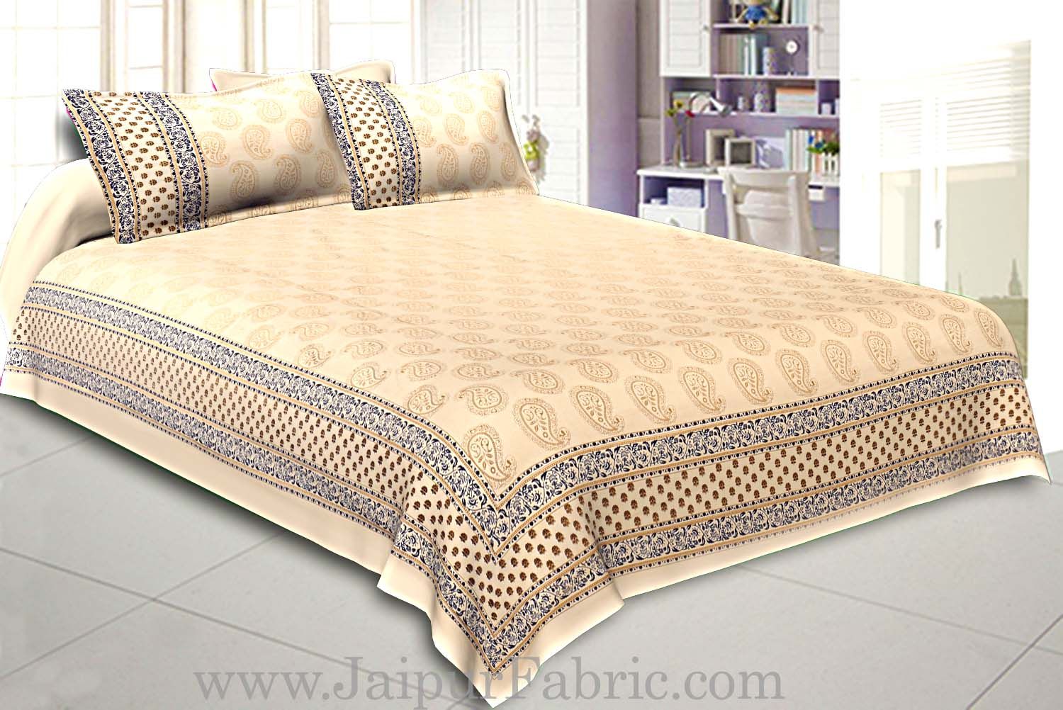 Double Cotton Bed Sheet  Cream  Base With Golden hand Block Leaf  Print