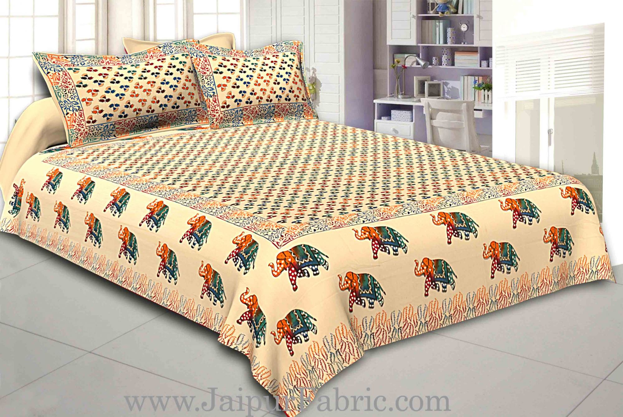 Cream Base Satrangi Gold Print With Elephant Super Fine Cotton Double Bedsheet