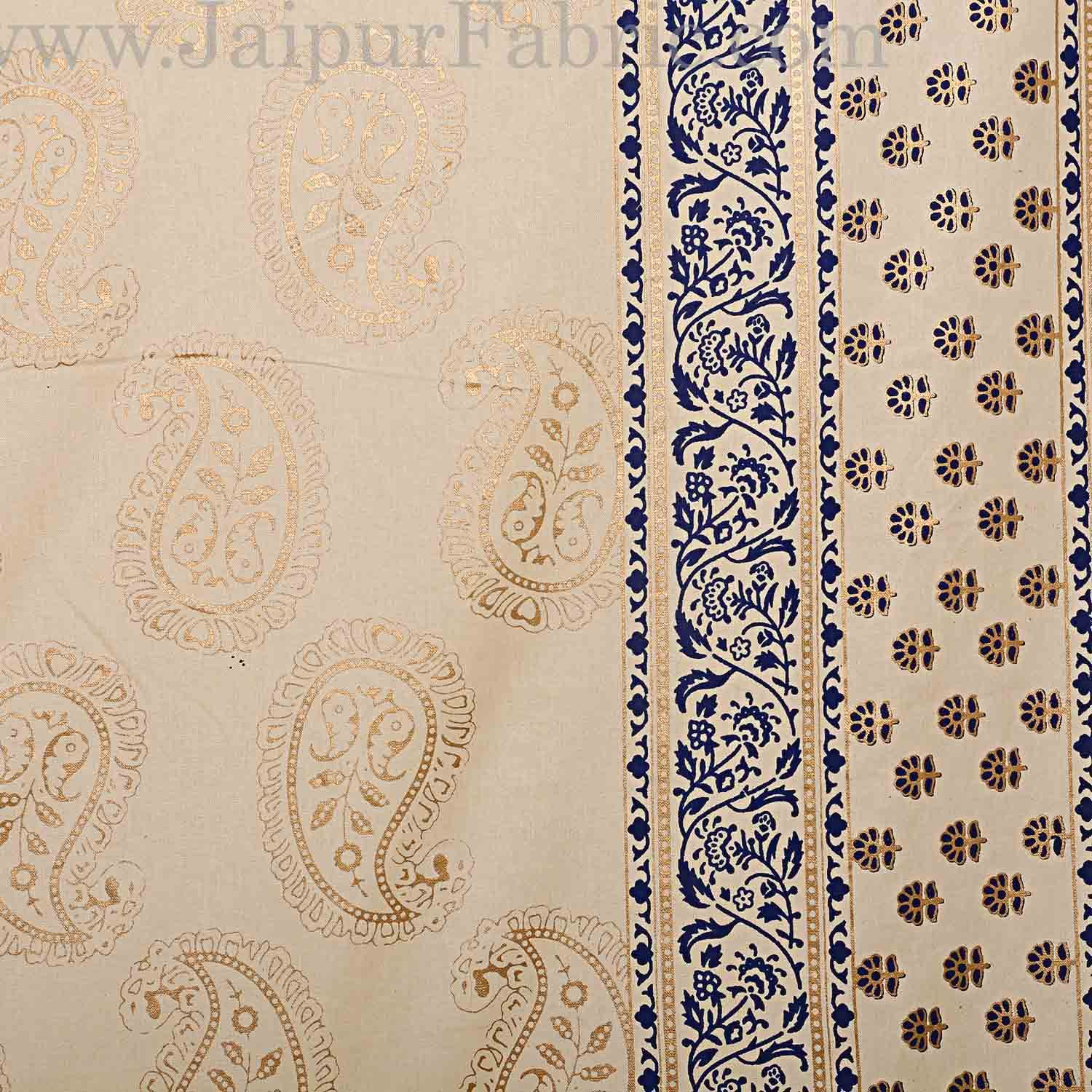 Double Cotton Bed Sheet  Cream  Base With Golden hand Block Leaf  Print