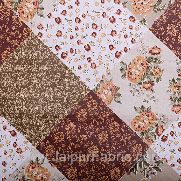 Twill Geometric Double Bedsheet Brown White Multi Floral