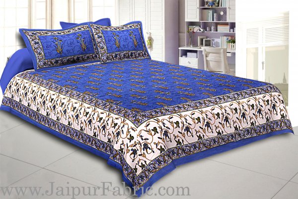 Blue And Cream Border With Blue Base With  Small Mughal Print Cotton Double Bedsheet