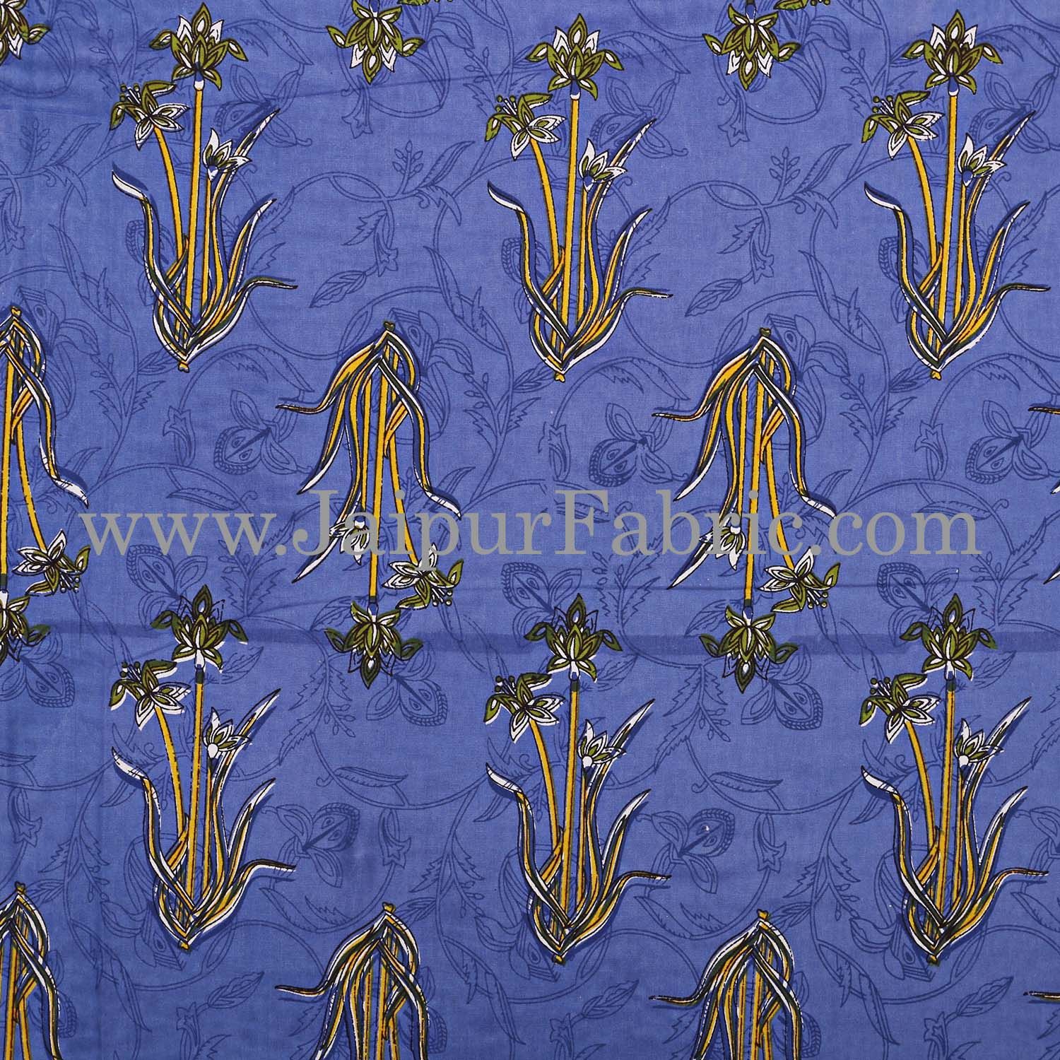 Blue And Cream Border With Blue Base With  Small Mughal Print Cotton Double Bedsheet