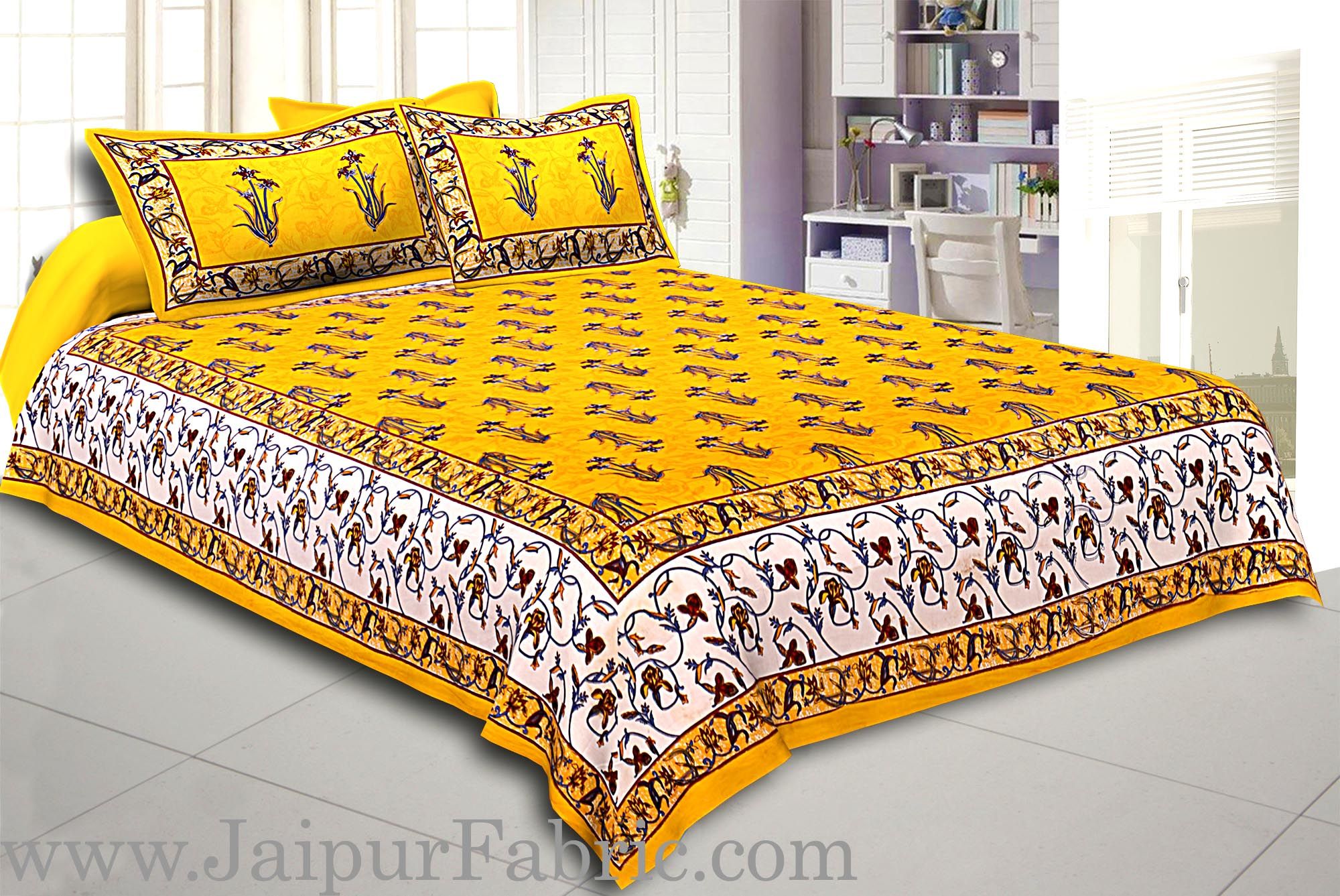 Yellow And Cream Border Yellow Base With  Small Mughal Print Cotton Double Bedsheet