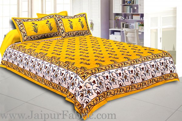 Yellow And Cream Border Yellow Base With  Small Mughal Print Cotton Double Bedsheet