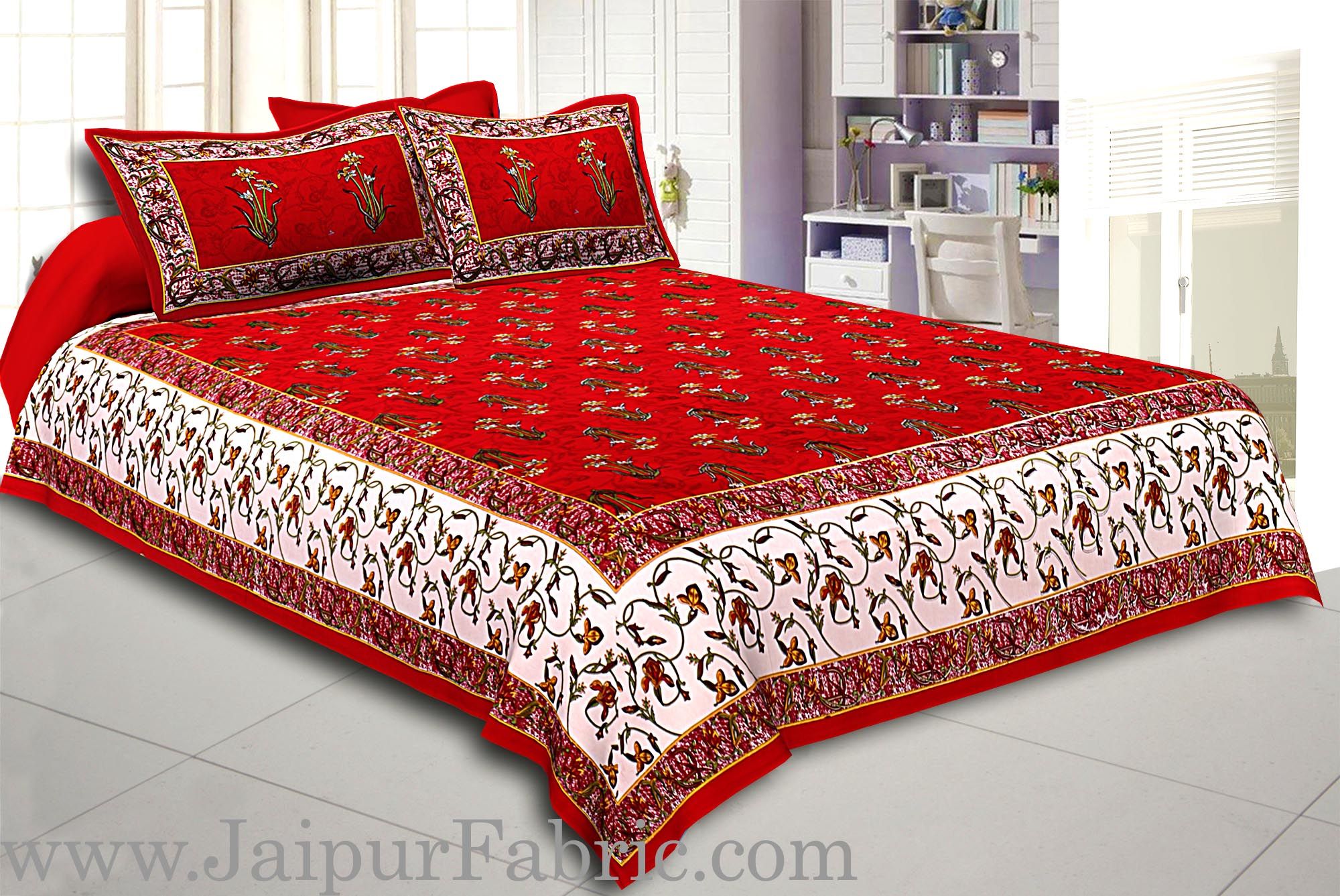 Maroon And Cream Border Maroon Base With  Small Mughal Print Cotton Double Bedsheet