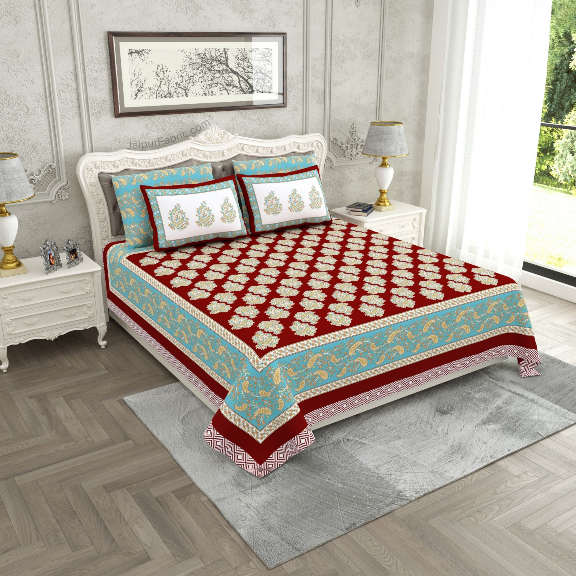 Ethnic Glow Red Cotton King Size Bedsheet