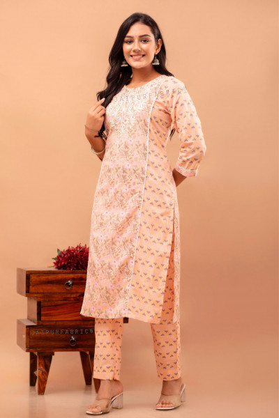 Peach Embroidery Kurti Pant Set