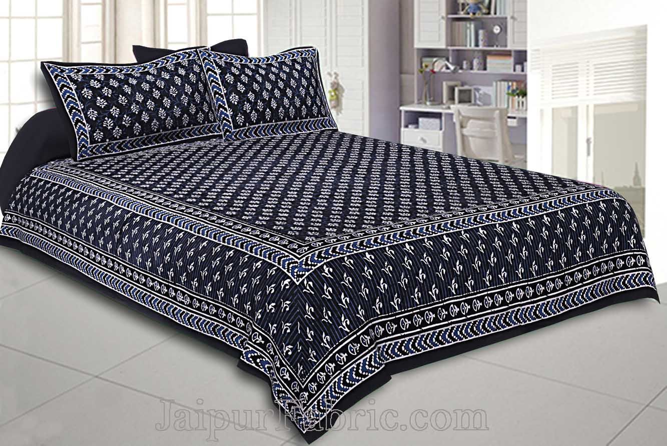 Double Bedsheet Dabu Indigo Dye Black Hand Block Leaf Print