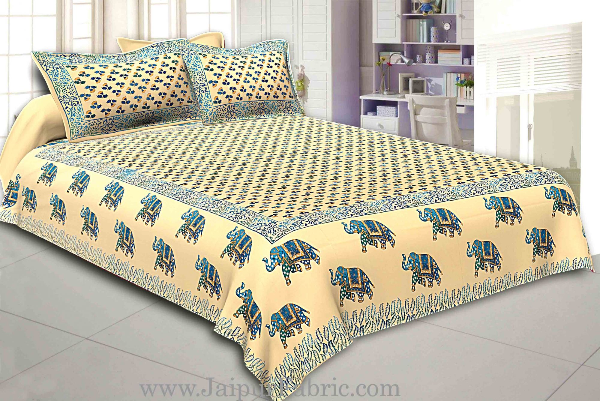 Light Cream Base Satrangi Gold Print With Elephant Super Fine Cotton Double Bedsheet