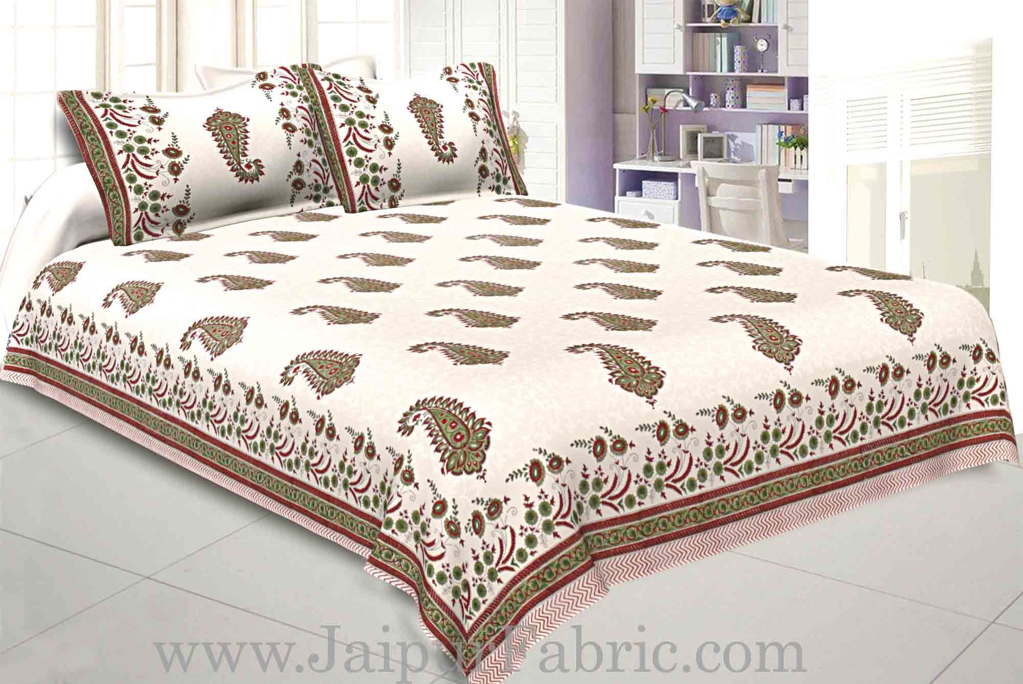 Double Bed Sheet White Base With Kadi Print Red Rajasthani Buta Hand Block Print Super Fine  Cotton