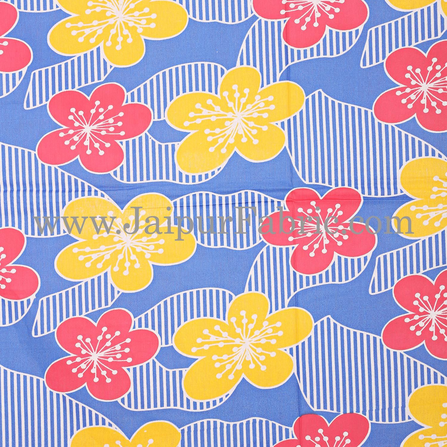 Blue Base Yellow and Red Flower Double Bed Sheet