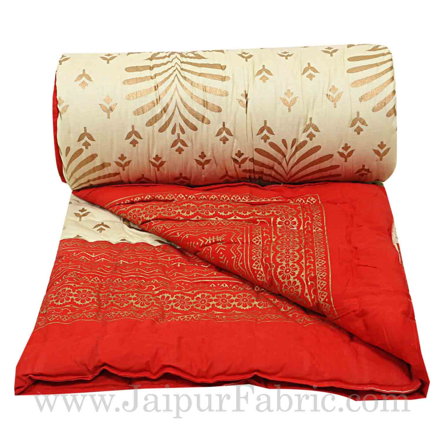 Jaipuri Single Razai with Red  Leaf pattern Golden Print