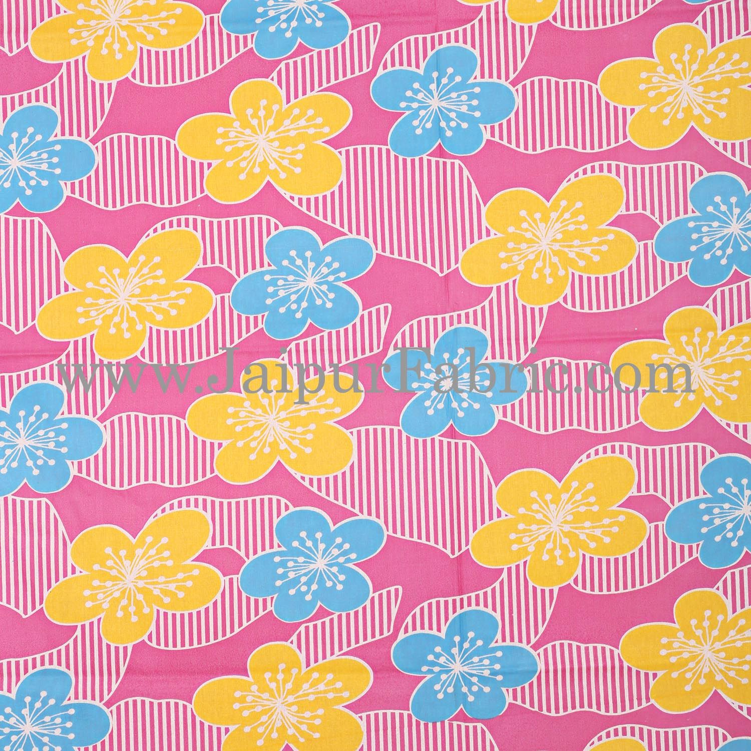 Pink Base Yellow and Blue Flower Double Bed Sheet