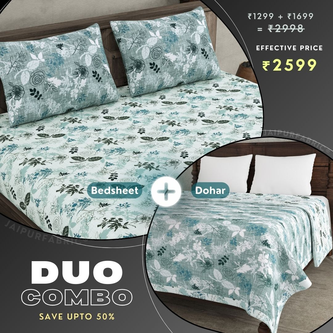 The Finest Pick Rose Pattern Seafoam Green Dohar and Bedsheet Combo