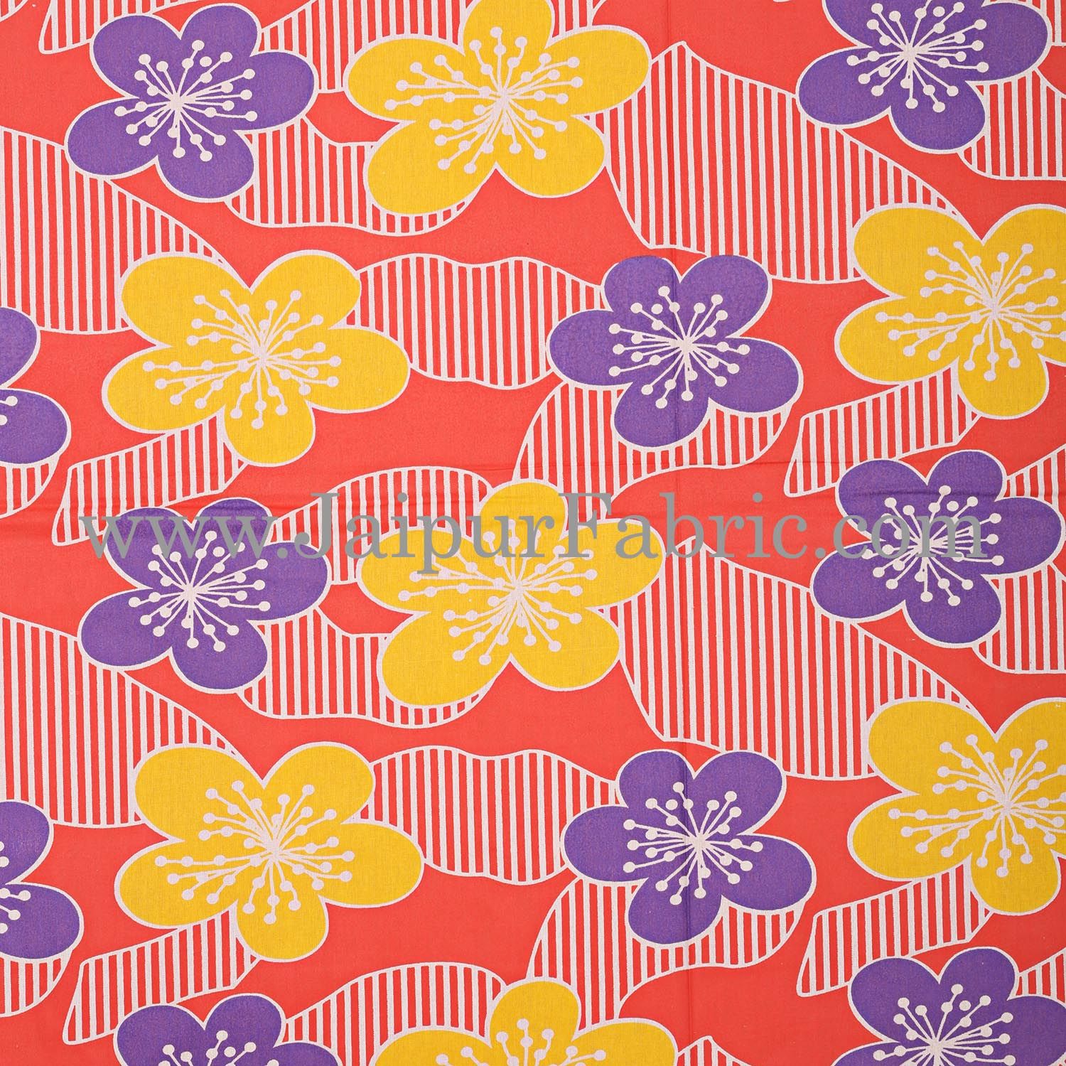 Peach Base Yellow and Purple Flower Double Bed Sheet