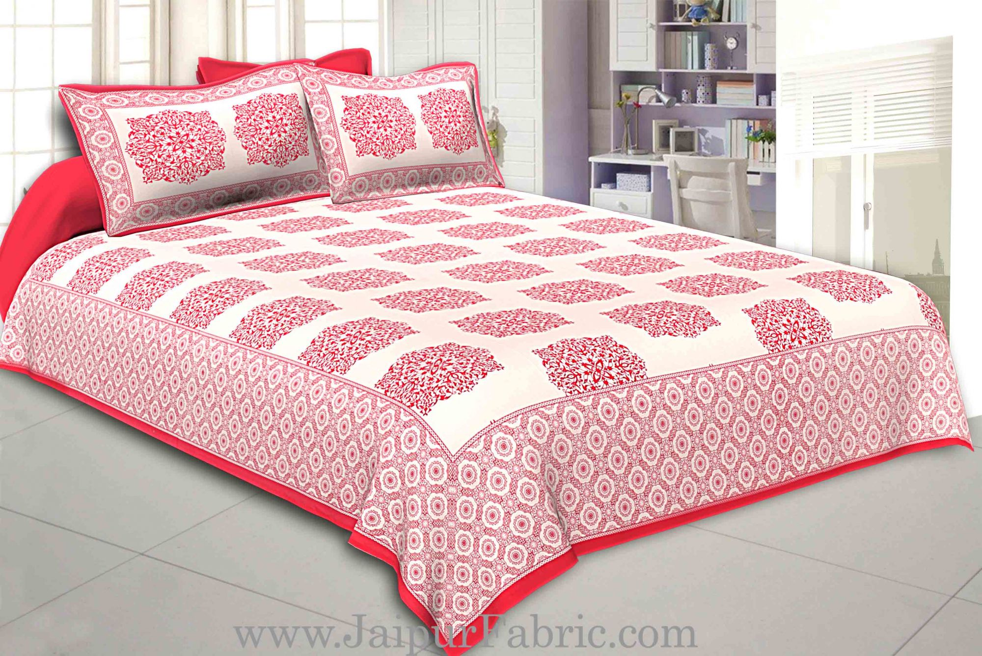 Light Red Border With big Boota Super fine cotton Double bedsheet