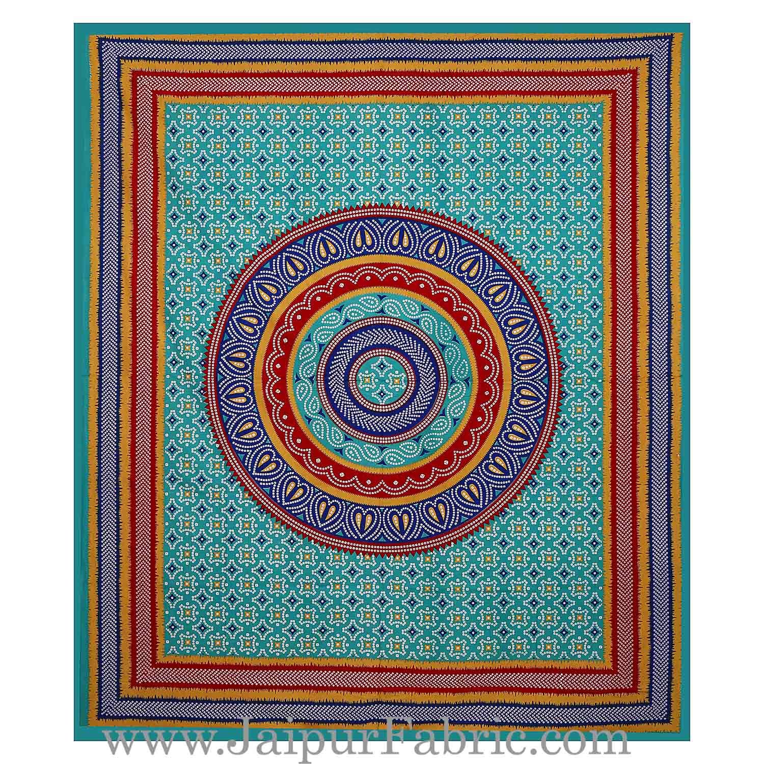 Sea Green Border Bandhej and Rangoli Print Cotton Double Bed Sheet With Two Pillow Cover