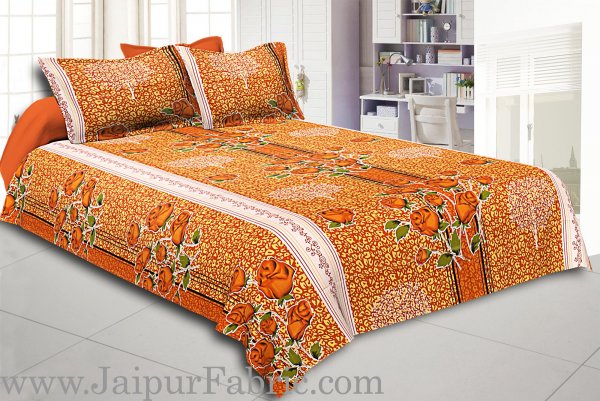 Brown Base Flower Print White Border Double Bed Sheet