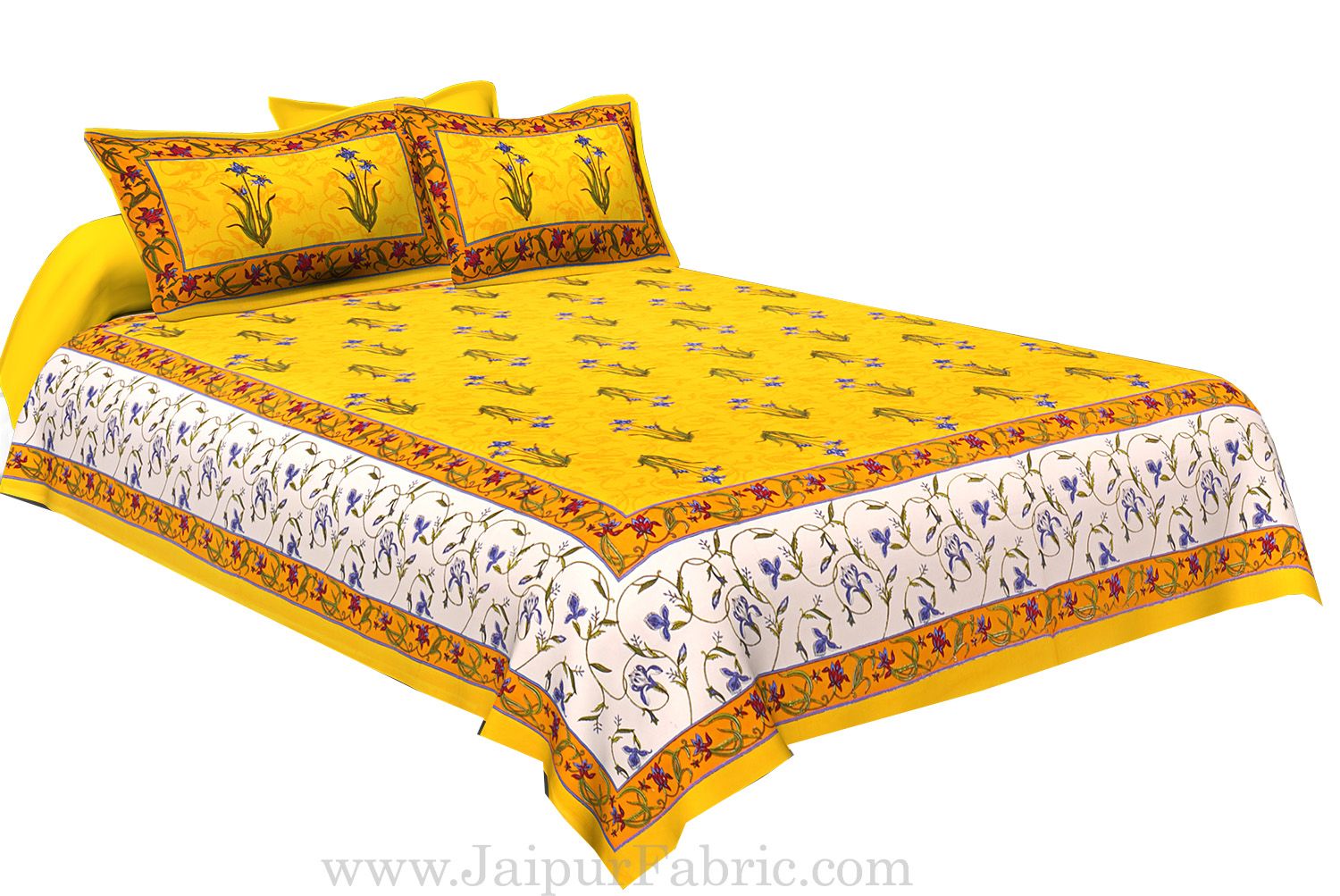 Yellow And Cream Border Yellow Base With  Small Mughal Print Cotton Double Bedsheet