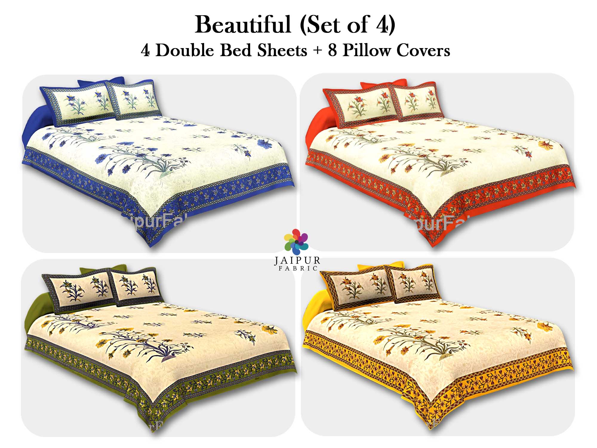 COMBO107 Beautiful Multicolor 4 Bedsheet + 8 Pillow Cover