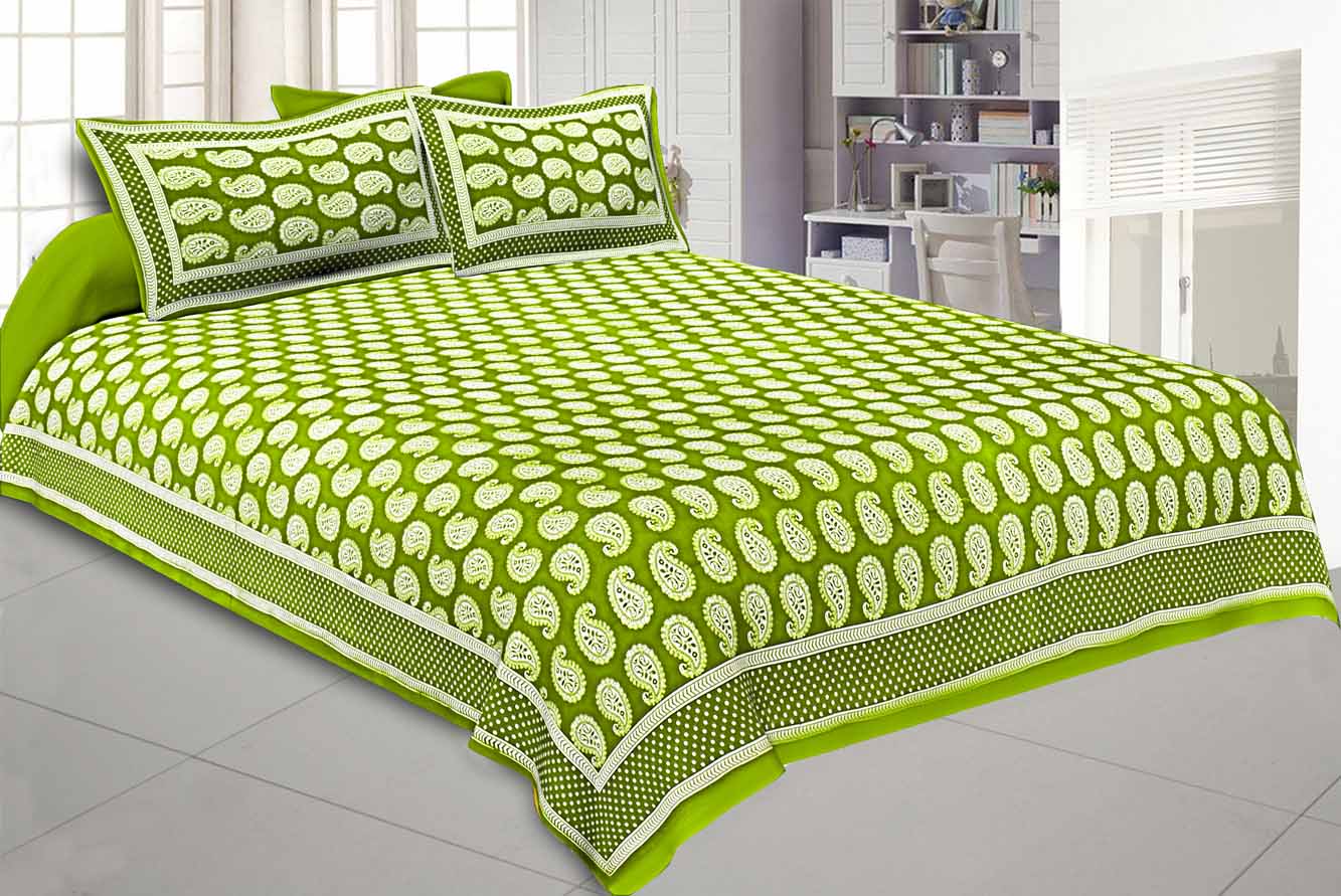 Paisley Double Bedsheet Olive Green Color Fine Cotton With Two Pillow covers